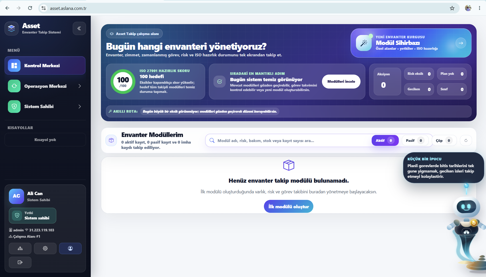 Asset kontrol merkezi ekran görüntüsü